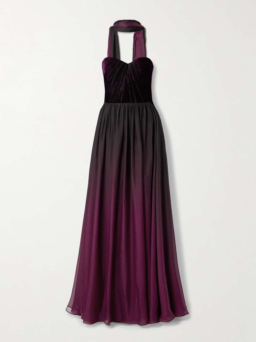Elie Saab Strapless Ombré Silk-blend Chiffon And Velvet Gown