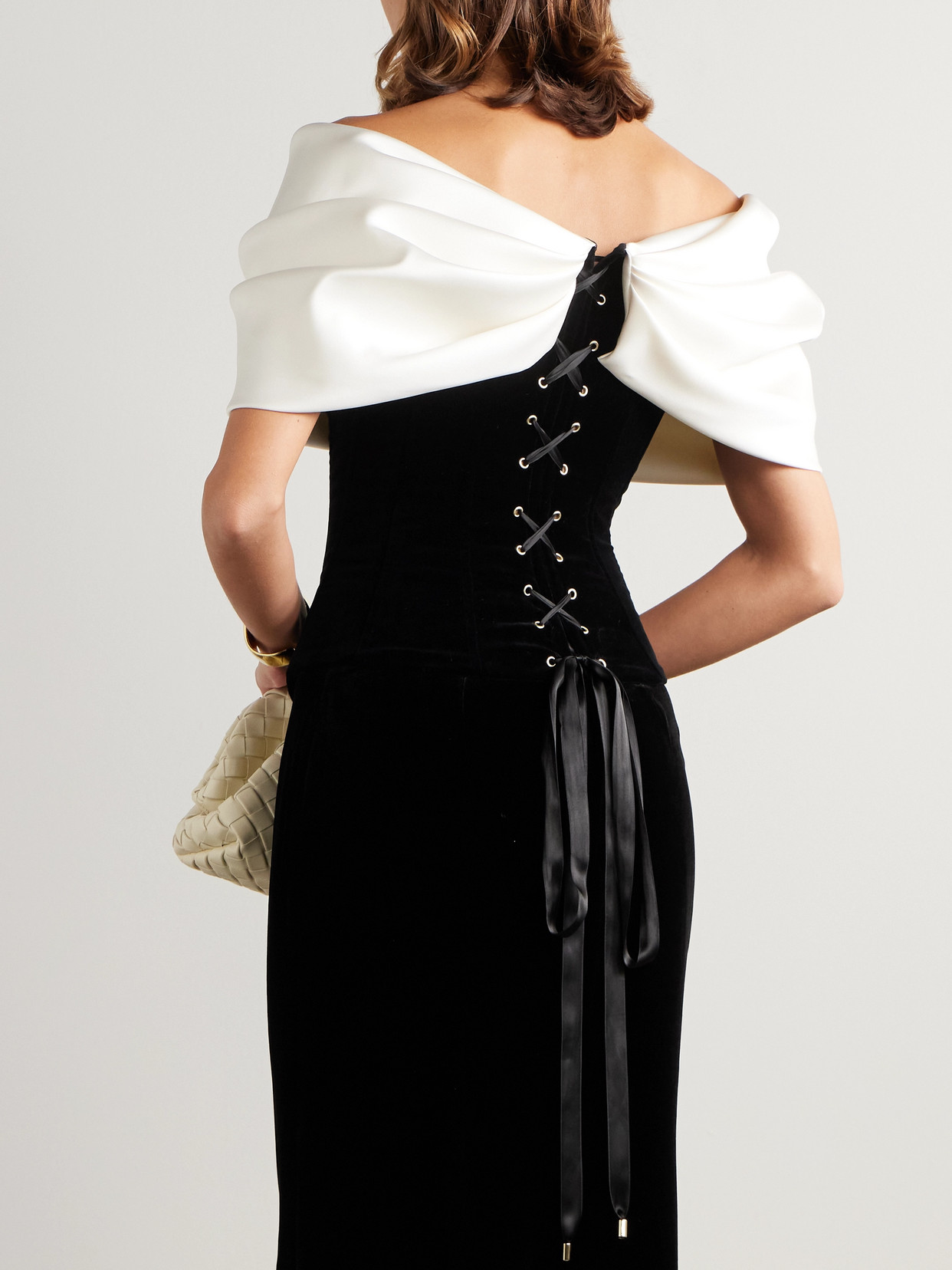 Rosamund Bow-Detailed Lace-Up Crepe And Velvet Bustier Top