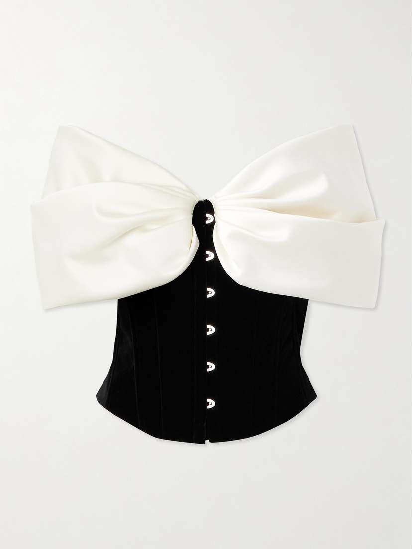 Costarellos Rosamund Bow-detailed Lace-up Crepe And Velvet Bustier Top