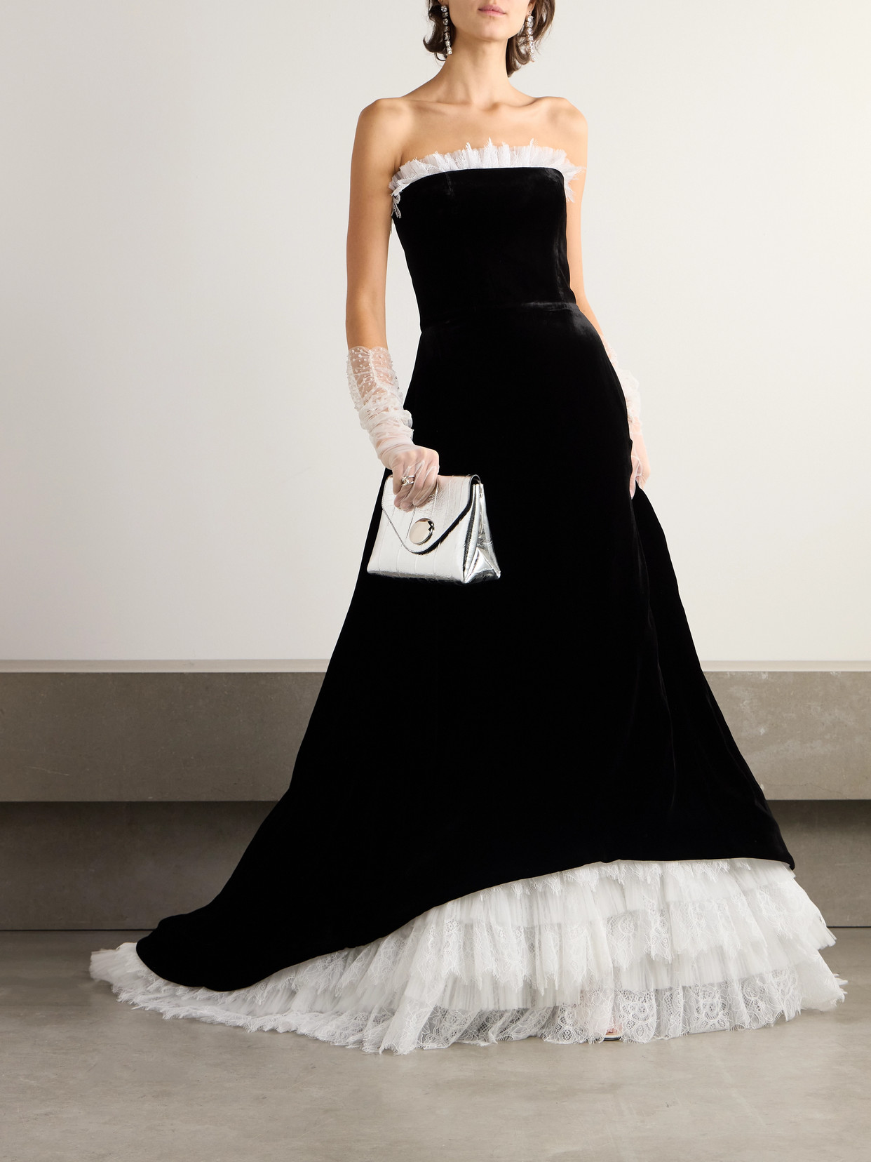Costarellos Laurette Lace-trimmed Velvet Gown In Black