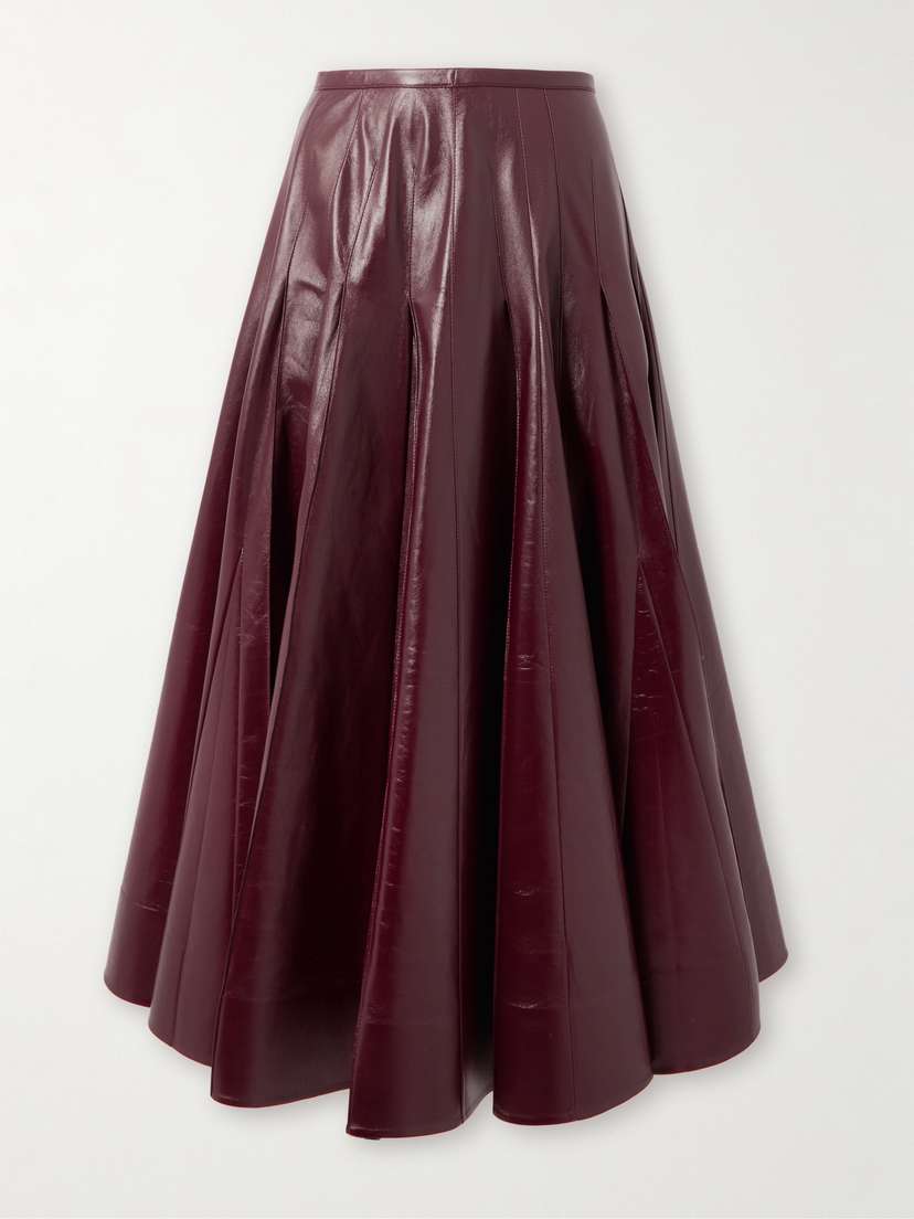 Bottega Veneta Pleated Glossed-leather Midi Skirt