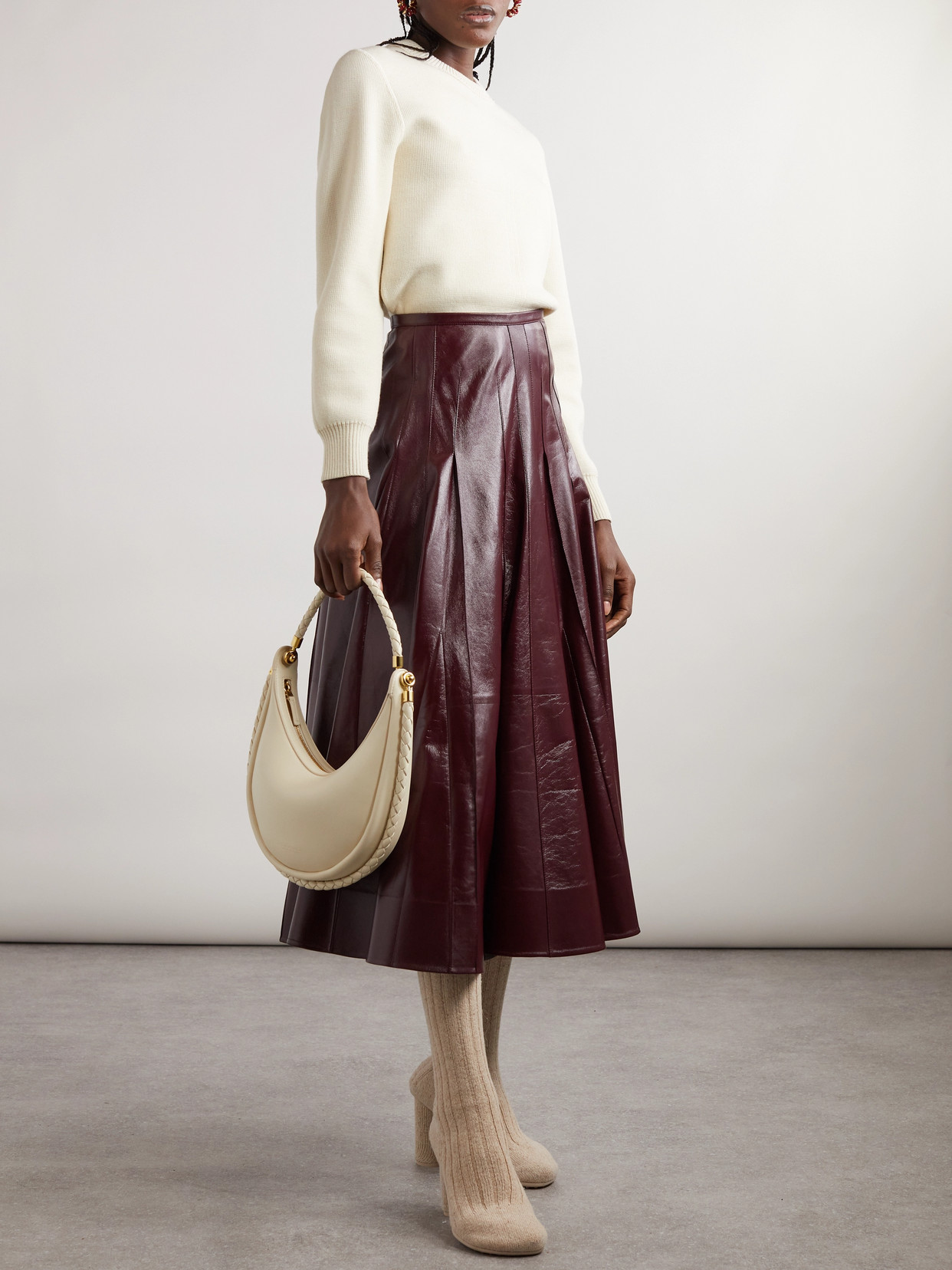 Bottega Veneta Pleated Glossed-leather Midi Skirt In Red