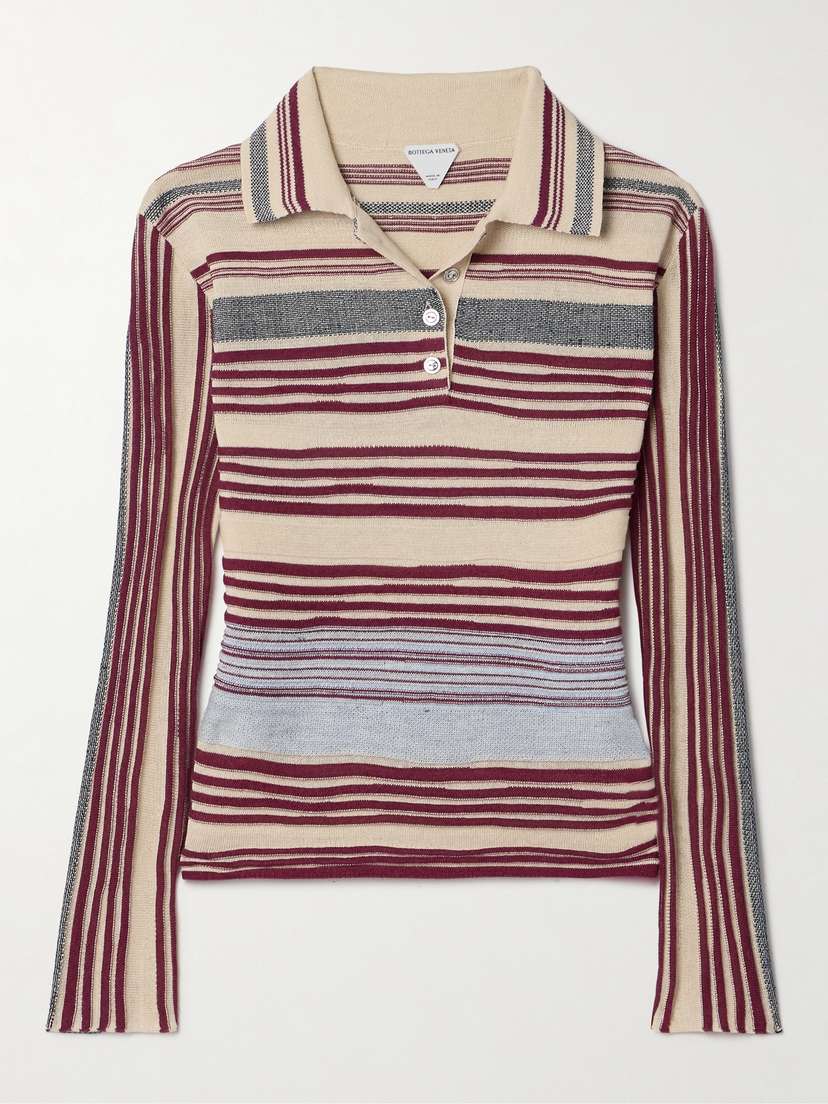 Bottega Veneta Striped Jacquard-knit Linen-blend Polo Sweater