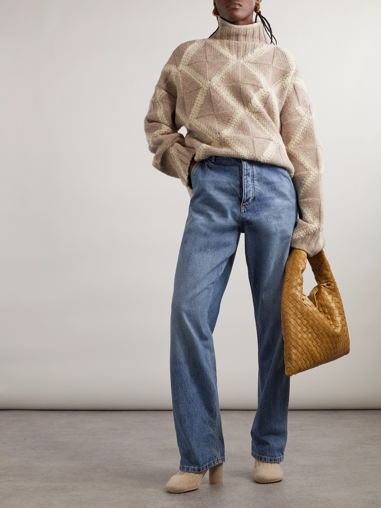 Bottega Veneta Argyle Intarsia-knit Wool Turtleneck Sweater In Brown