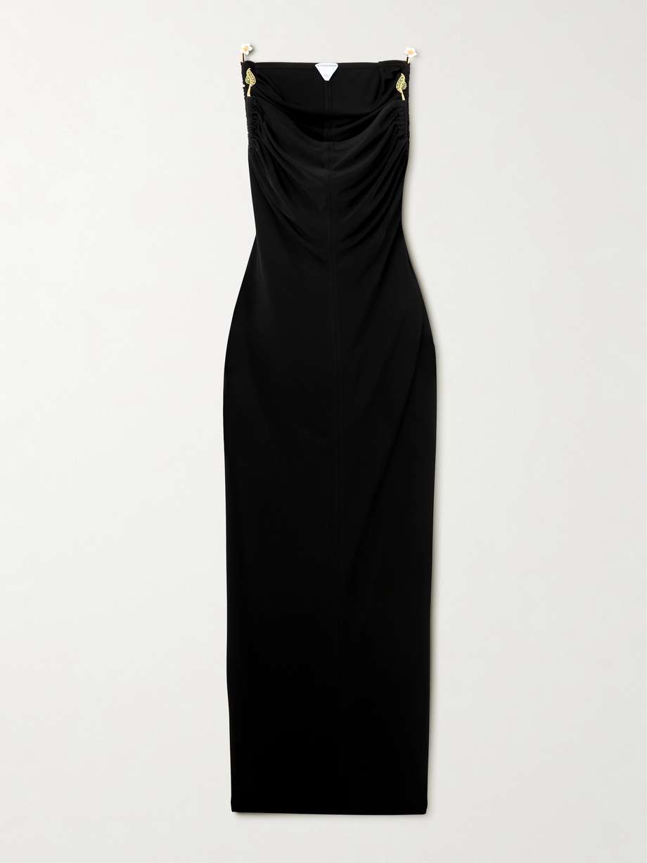 embellished ruched crepe maxi dress