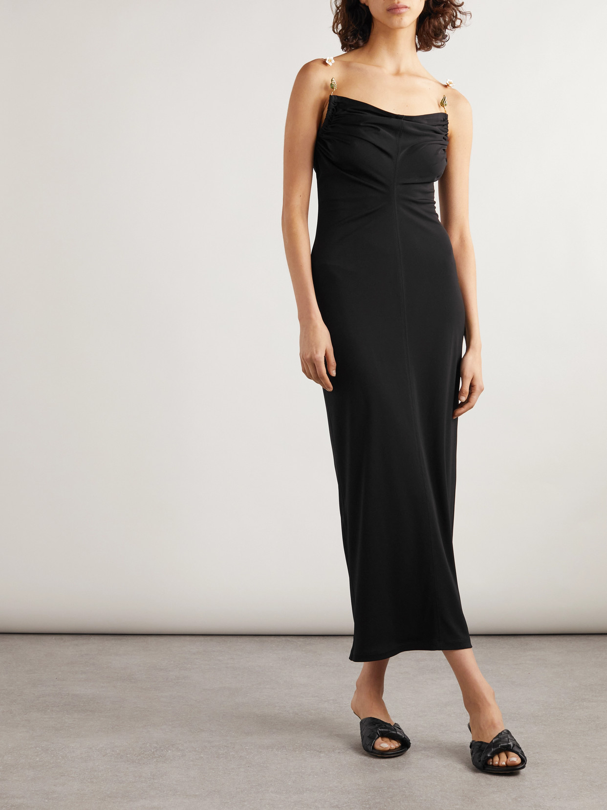 Bottega Veneta Matte Crepe Jersey Midi Dress With Embellished Hardware Straps In Black
