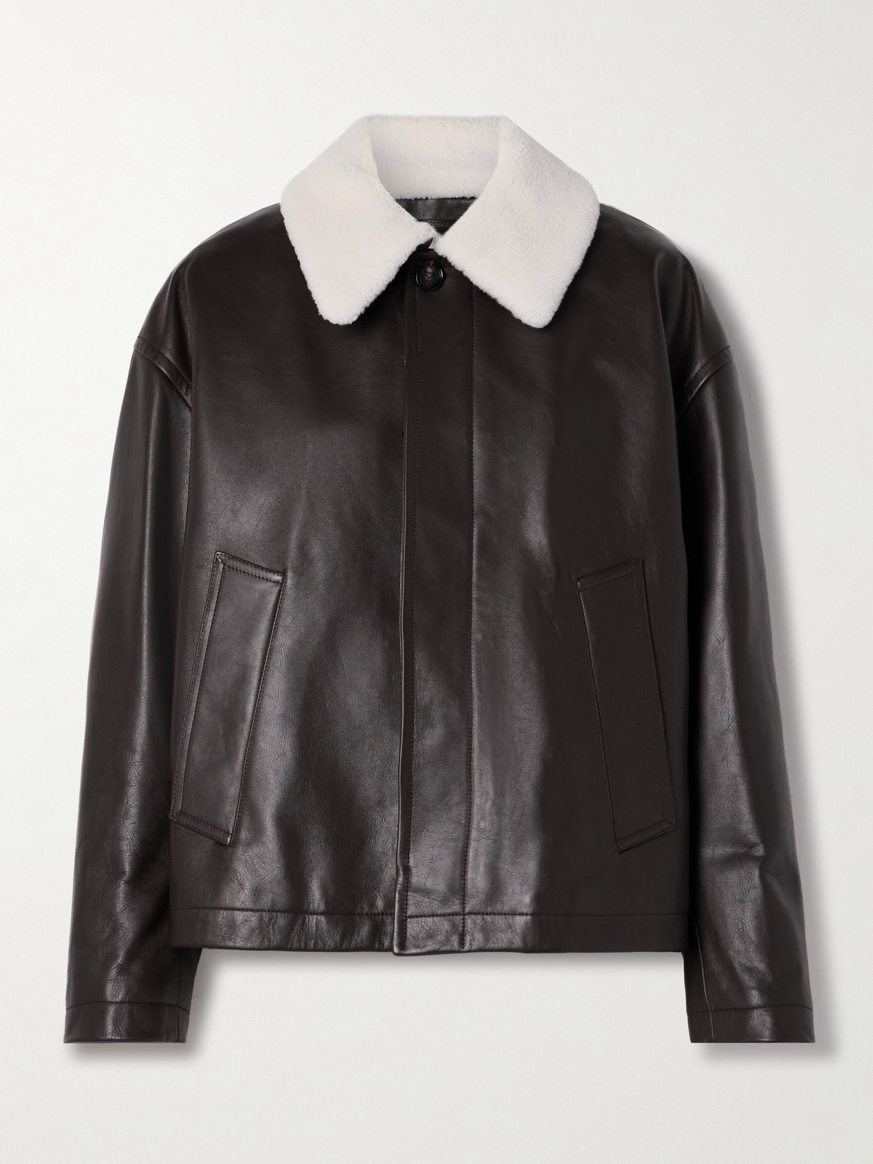 Shop Bottega Veneta Shearling-trimmed Leather Jacket In Brown