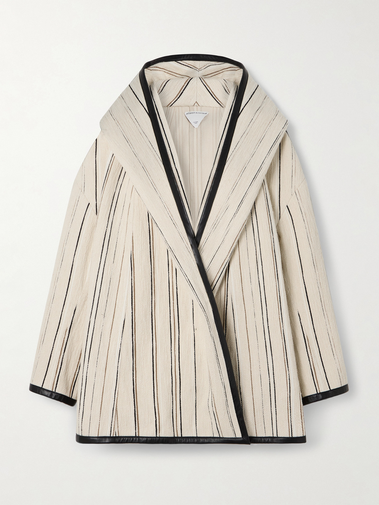 Bottega Veneta Oversized Leather-trimmed Striped Cotton-blend Bouclé Coat In Black/mocha/white