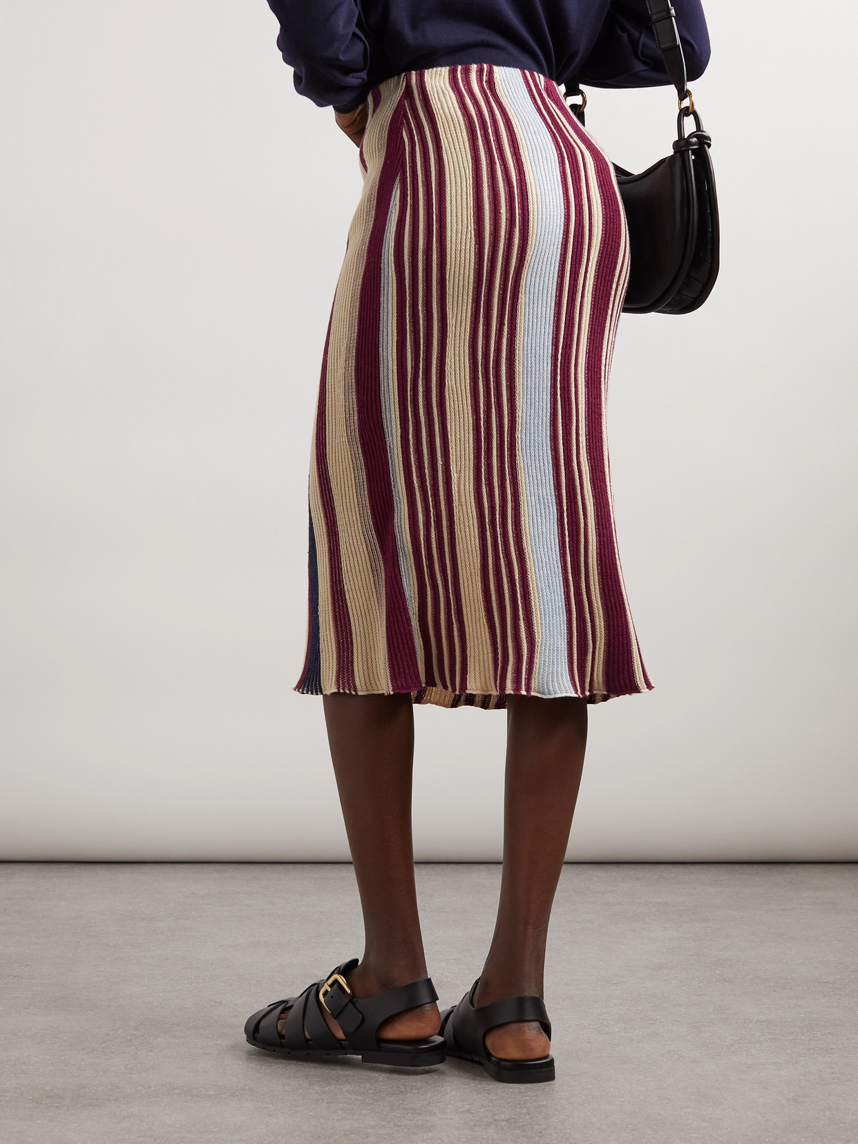 Shop Bottega Veneta Striped Ribbed Linen And Cotton-blend Midi Skirt In Red