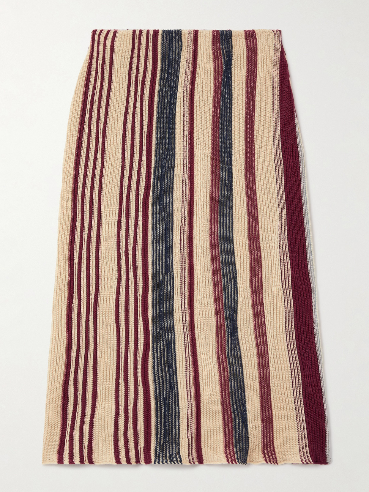 Shop Bottega Veneta Striped Ribbed Linen And Cotton-blend Midi Skirt In Red