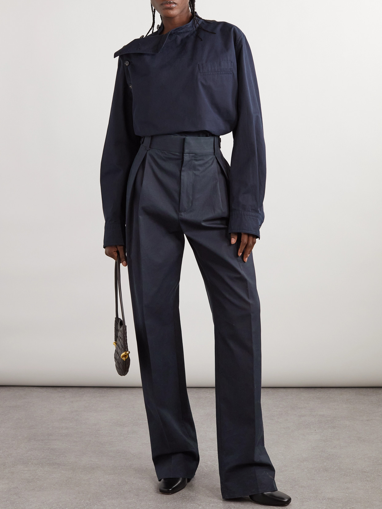 Bottega Veneta Pleated Cotton-twill Wide-leg Pants In Blue