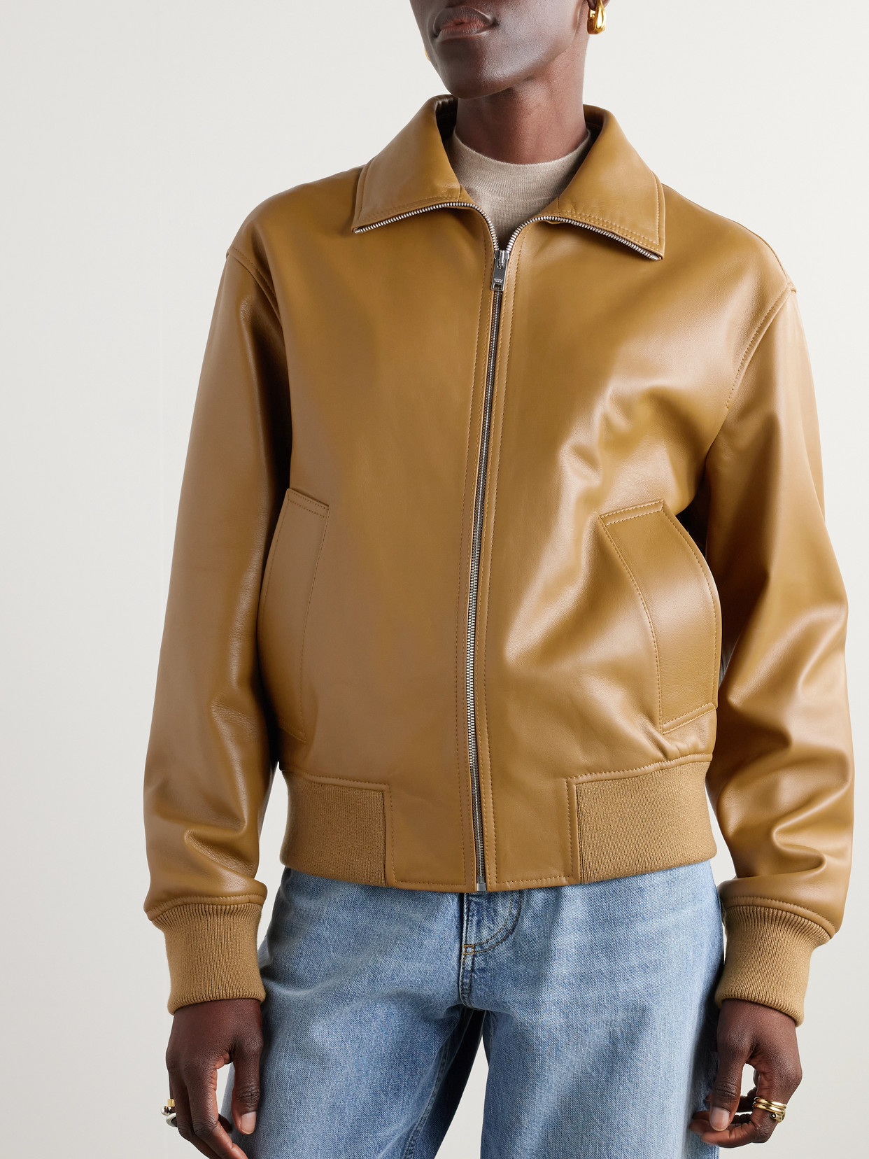 Bottega Veneta Leather Bomber Jacket In Brown