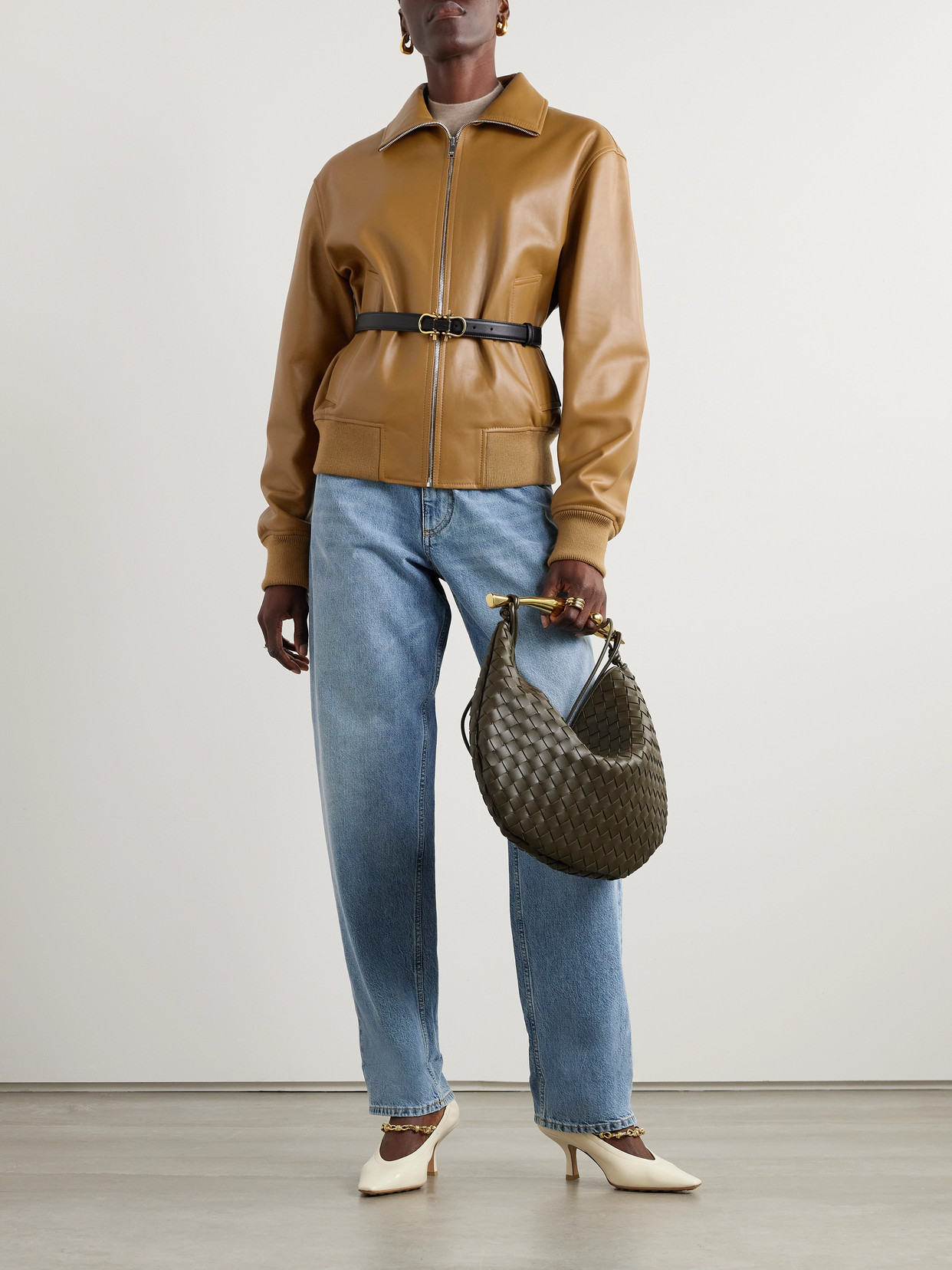 Bottega Veneta Leather Bomber Jacket In Brown