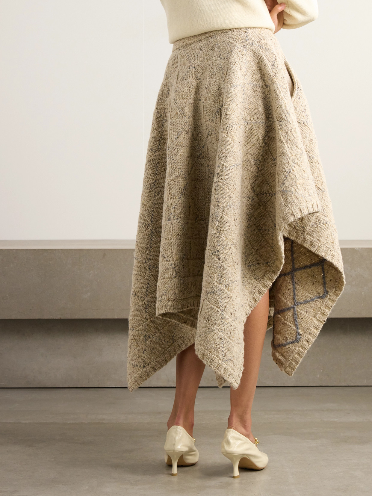 Shop Bottega Veneta Checked Knitted Wool Midi Skirt In Gray