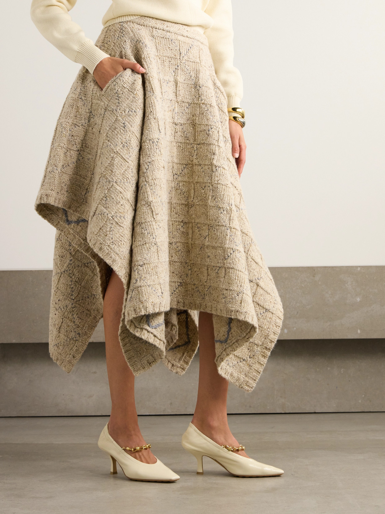 Shop Bottega Veneta Checked Knitted Wool Midi Skirt In Gray