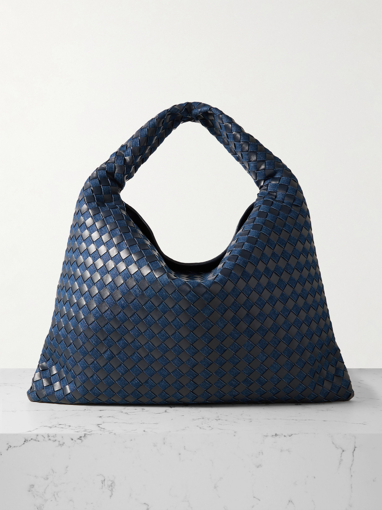 Bottega Veneta Hop Large Intrecciato Leather And Denim Tote In Blue