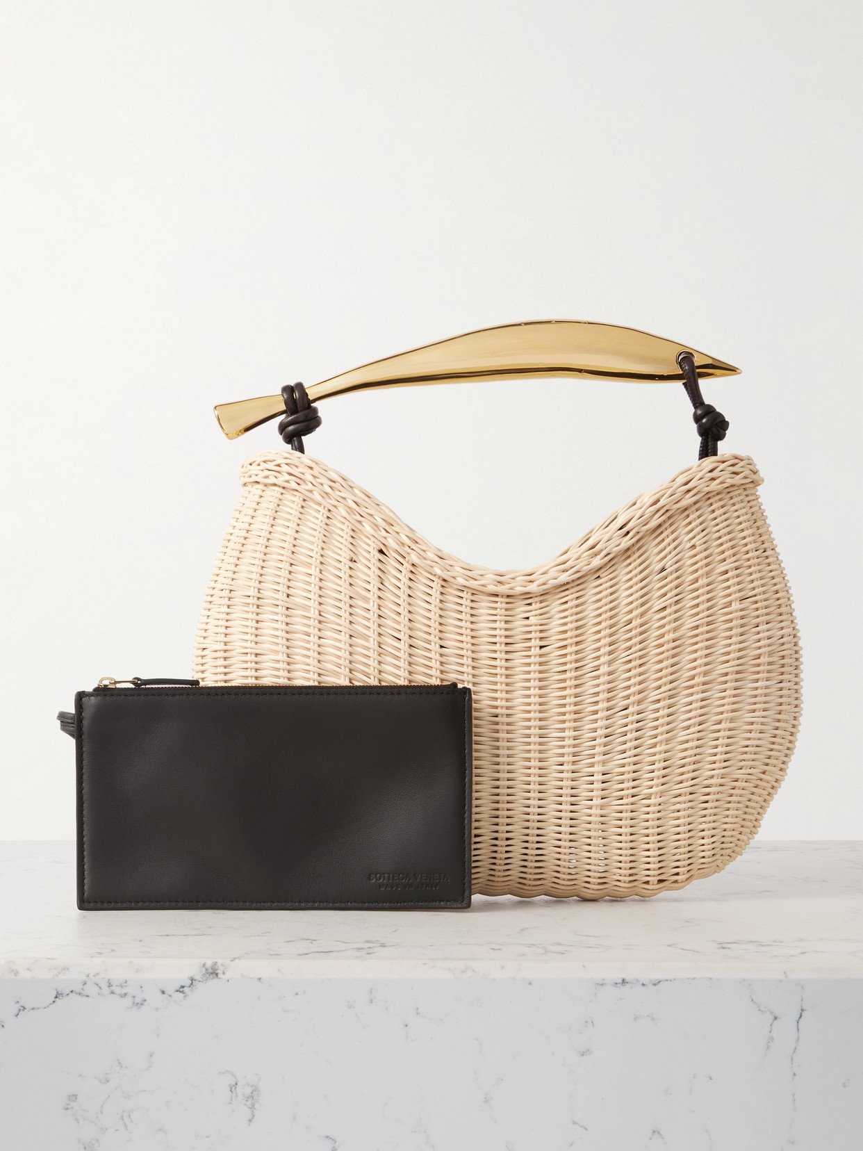 Sardine Small Leather-Trimmed Raffia Tote