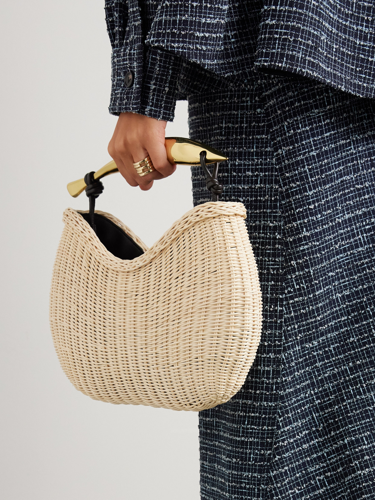Sardine Small Leather-Trimmed Raffia Tote