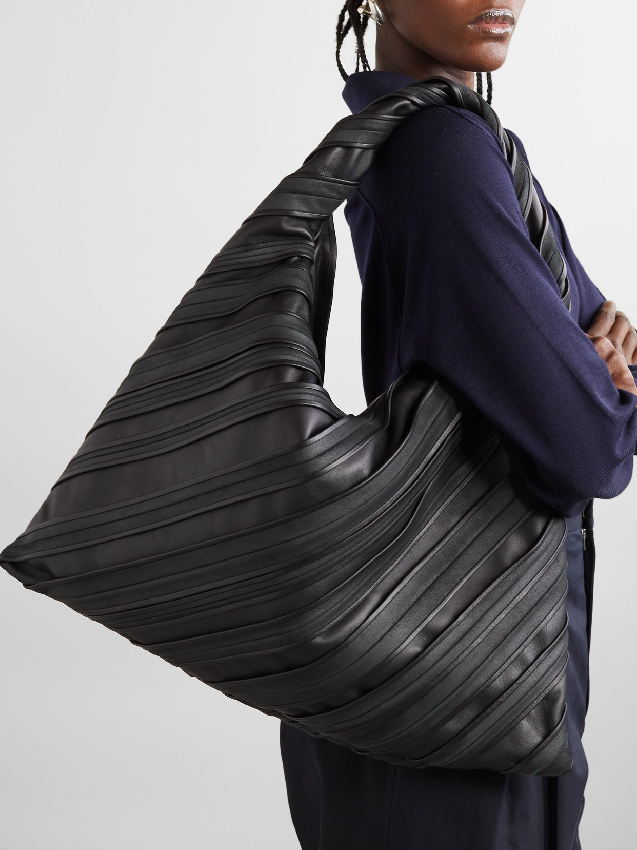 Bottega Veneta Hop Large Paneled Striped Suede And Leather Tote In Black