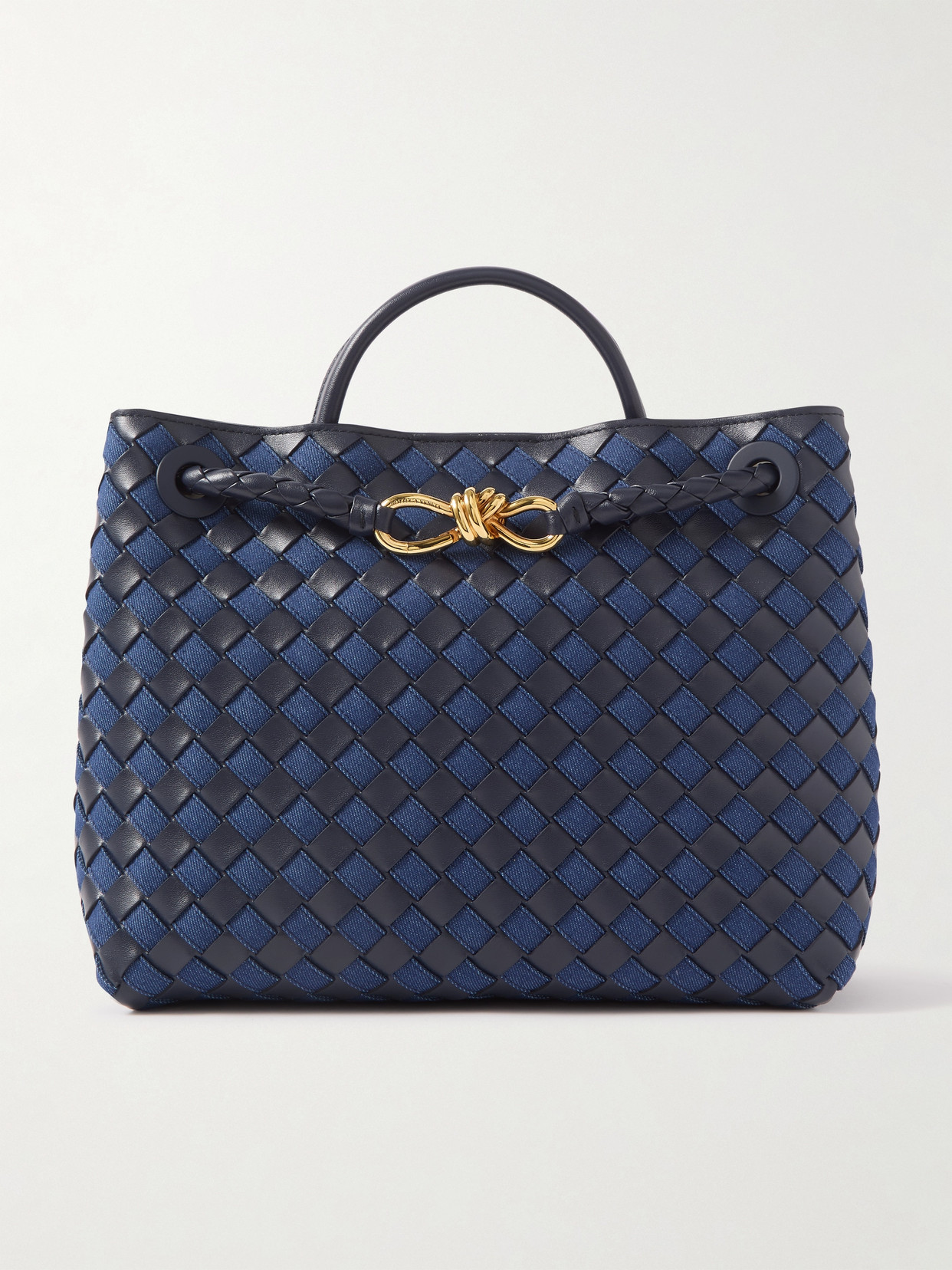 Shop Bottega Veneta Andiamo Embellished Intrecciato Leather And Denim Tote In Blue