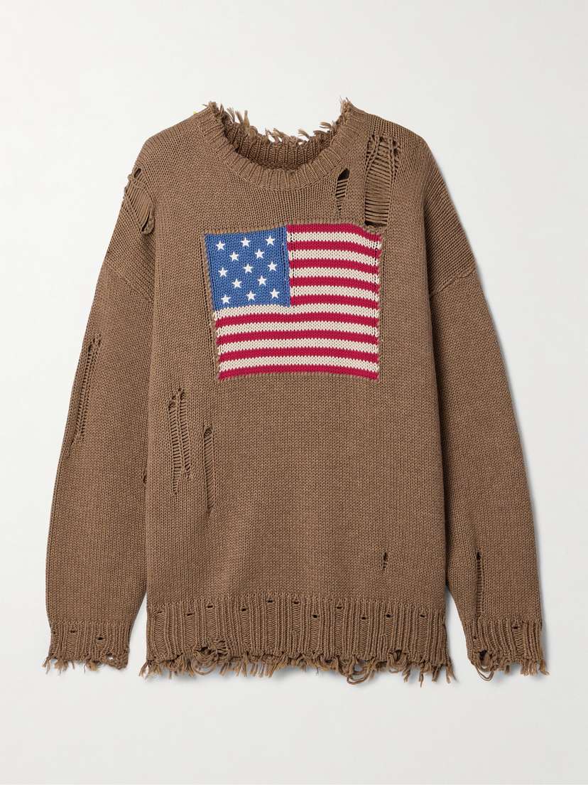 Denimist American Flag Distressed Embroidered Intarsia-knit Cotton-blend Sweater