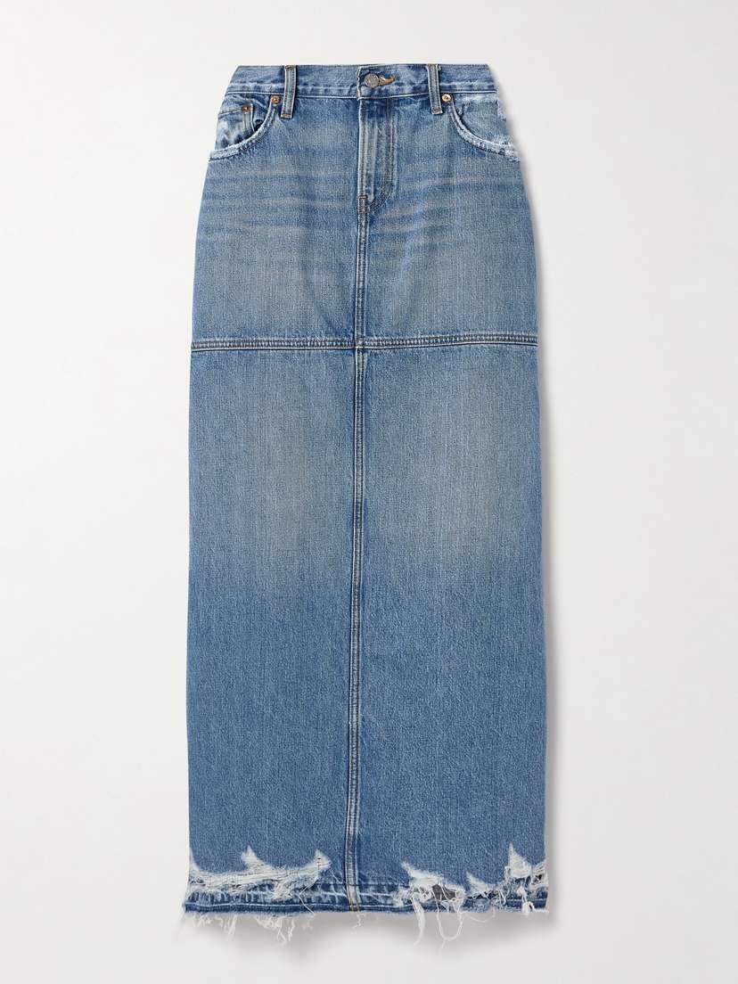 RE/DONE Frayed Paneled Denim Maxi Skirt