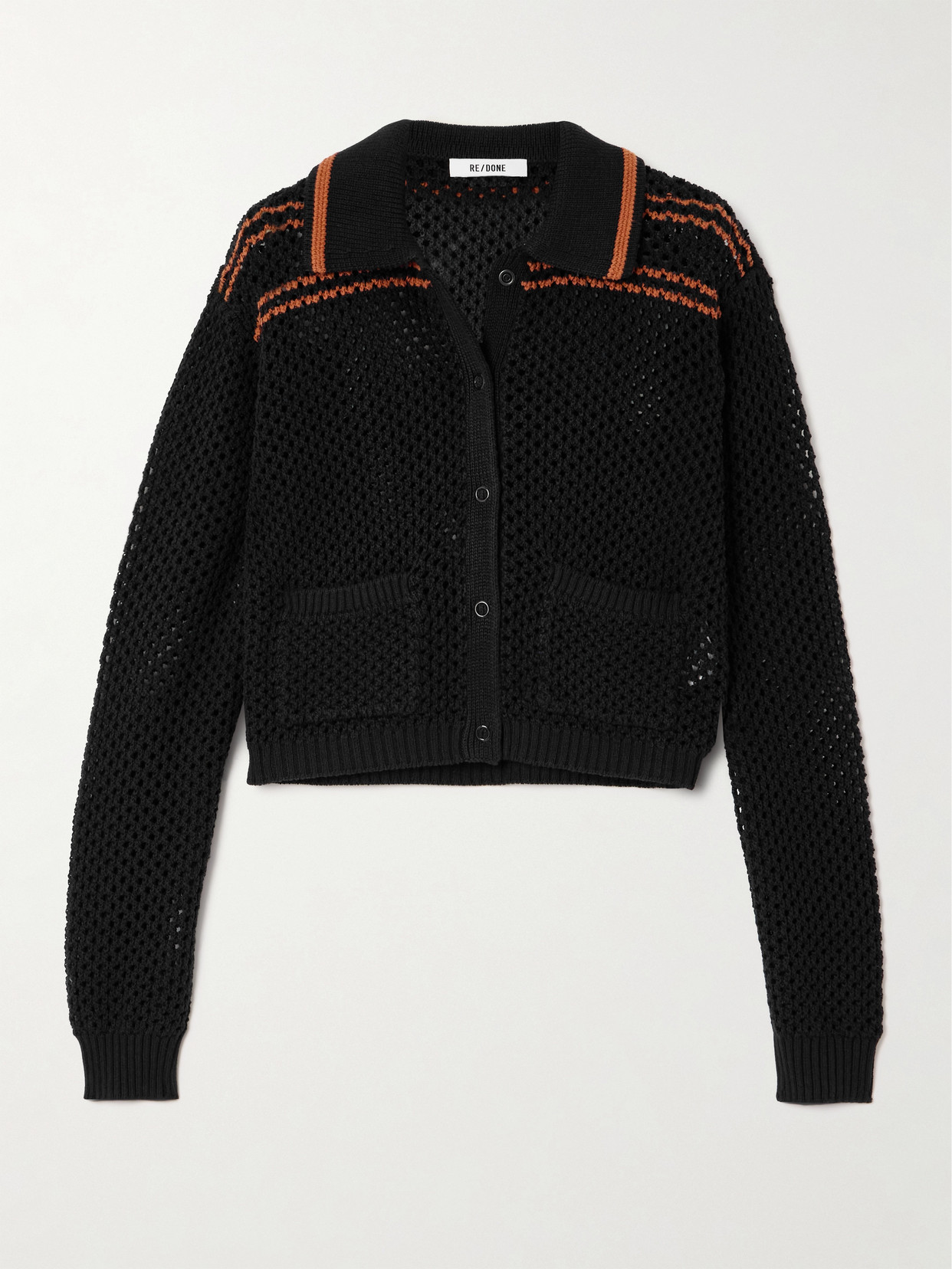 Re/done Striped Crocheted Cotton Cardigan In Black