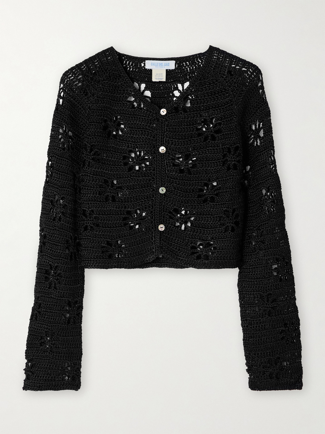 Calle Del Mar Cropped Floral Crocheted Cardigan In Black