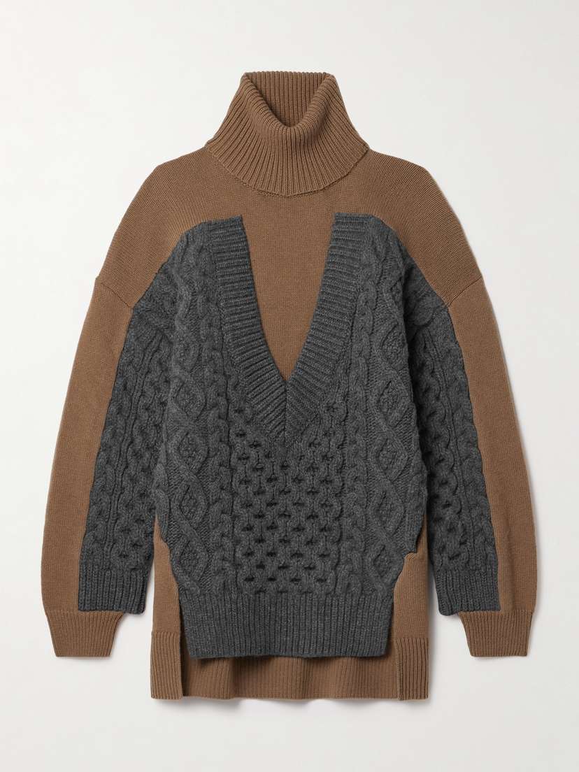 Stella McCartney Paneled Ribbed And Cable-knit Wool Turtleneck Sweater