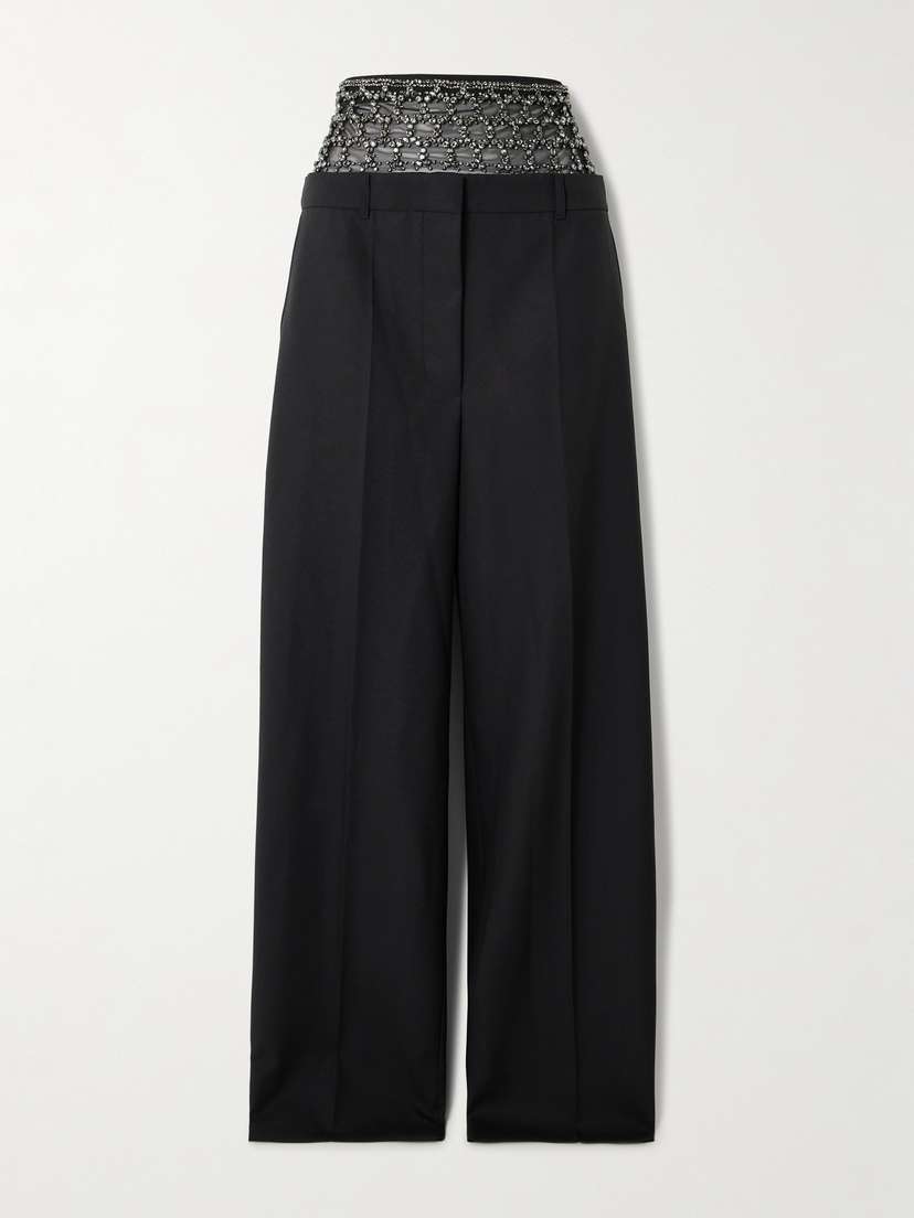 Stella McCartney Crystal-embellished Tulle-paneled Wool Wide-leg Pants