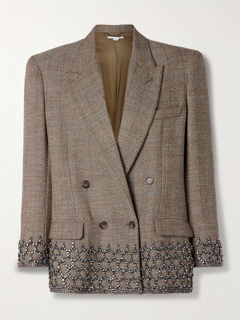 Stella McCartney Double-breasted Crystal-embellished Herringbone Wool-blend Blazer