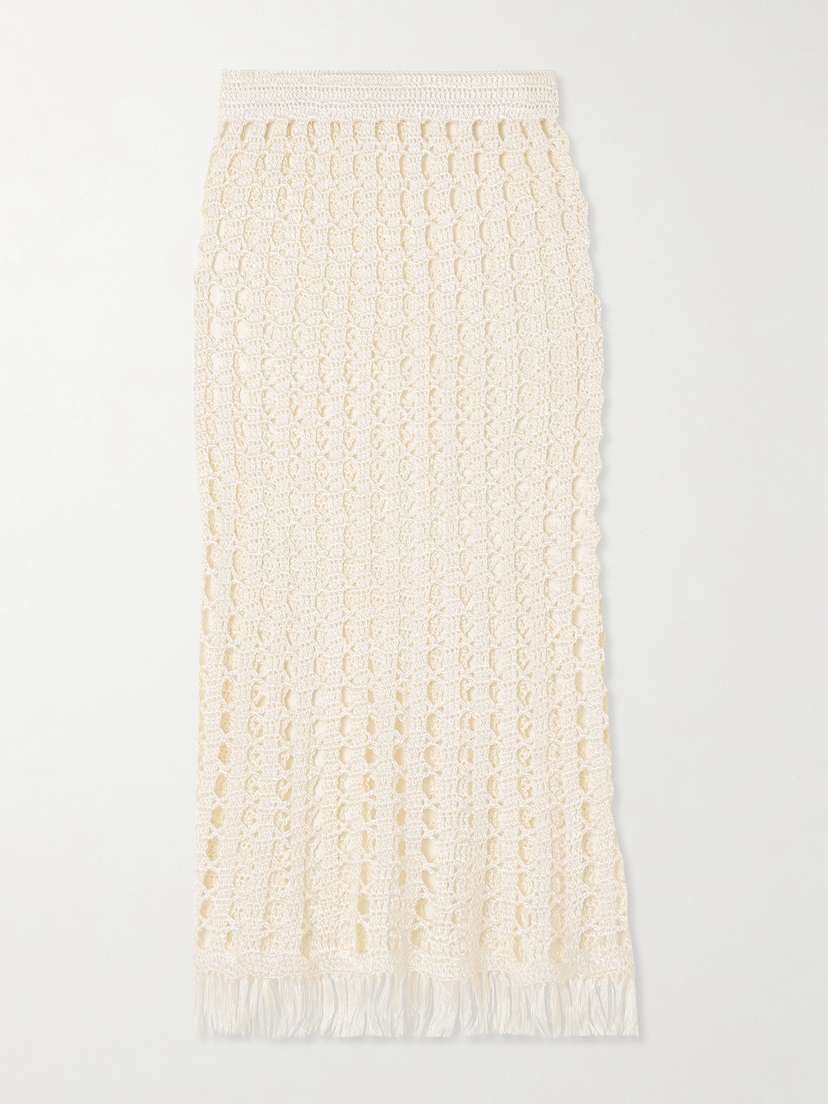 Calle Del Mar Fringed Crocheted Midi Skirt