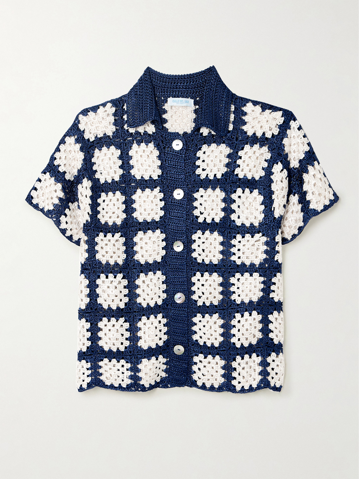 Calle Del Mar Checked Crocheted Cardigan In Blue