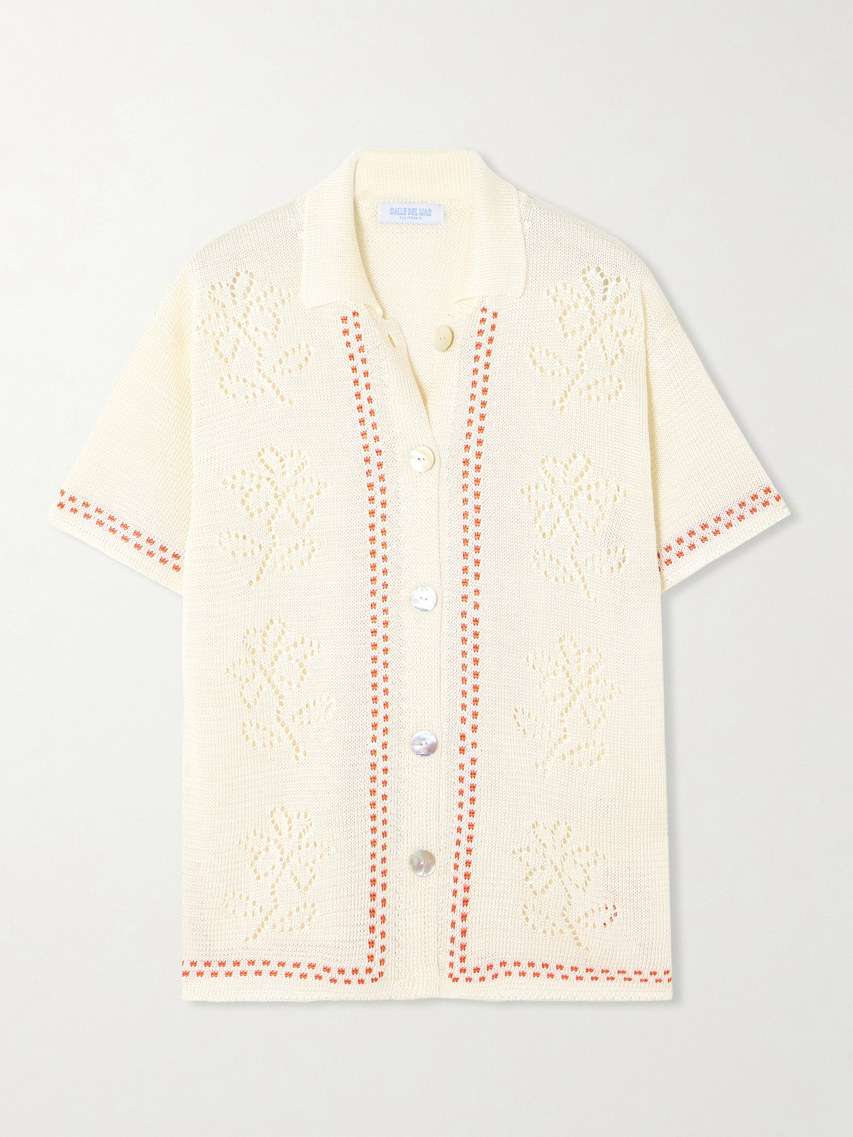Calle Del Mar Dinner Party Embroidered Pointelle-knit Shirt In White