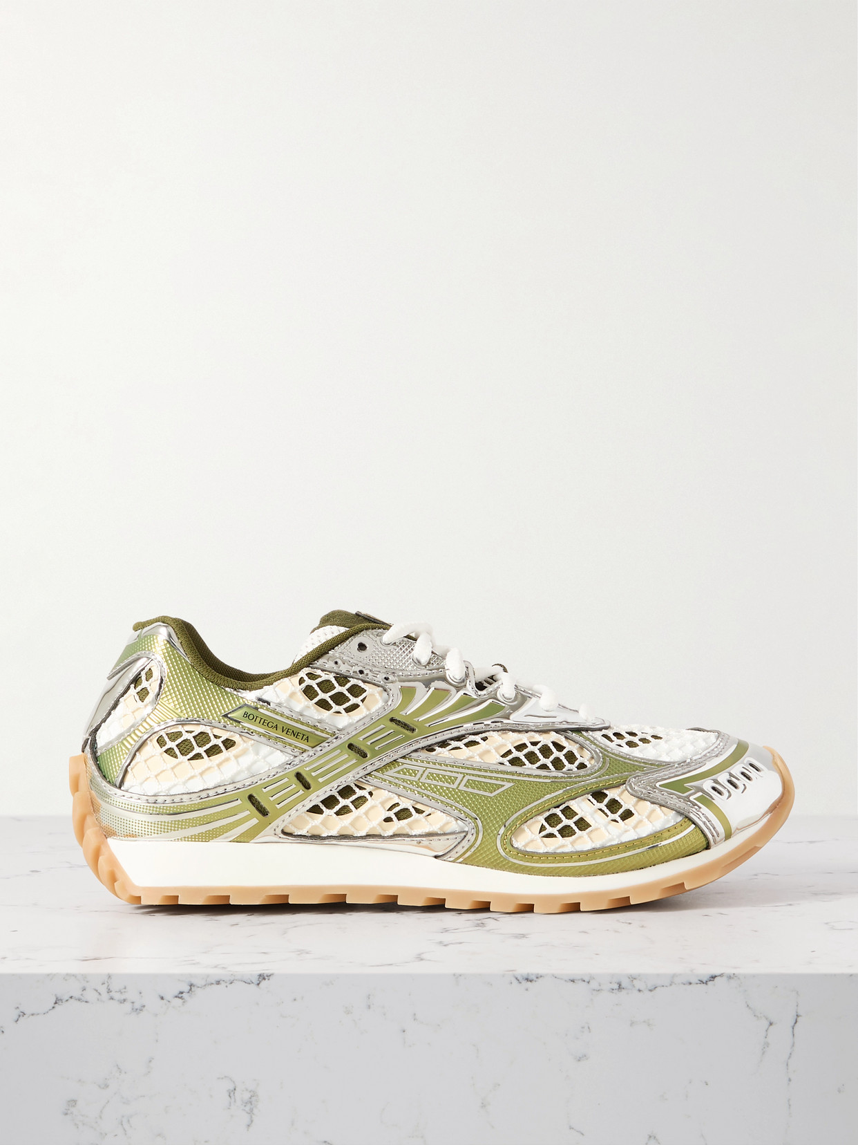 Shop Bottega Veneta Orbit Metallic Rubber, Mesh And Fishnet Sneakers In Off-white