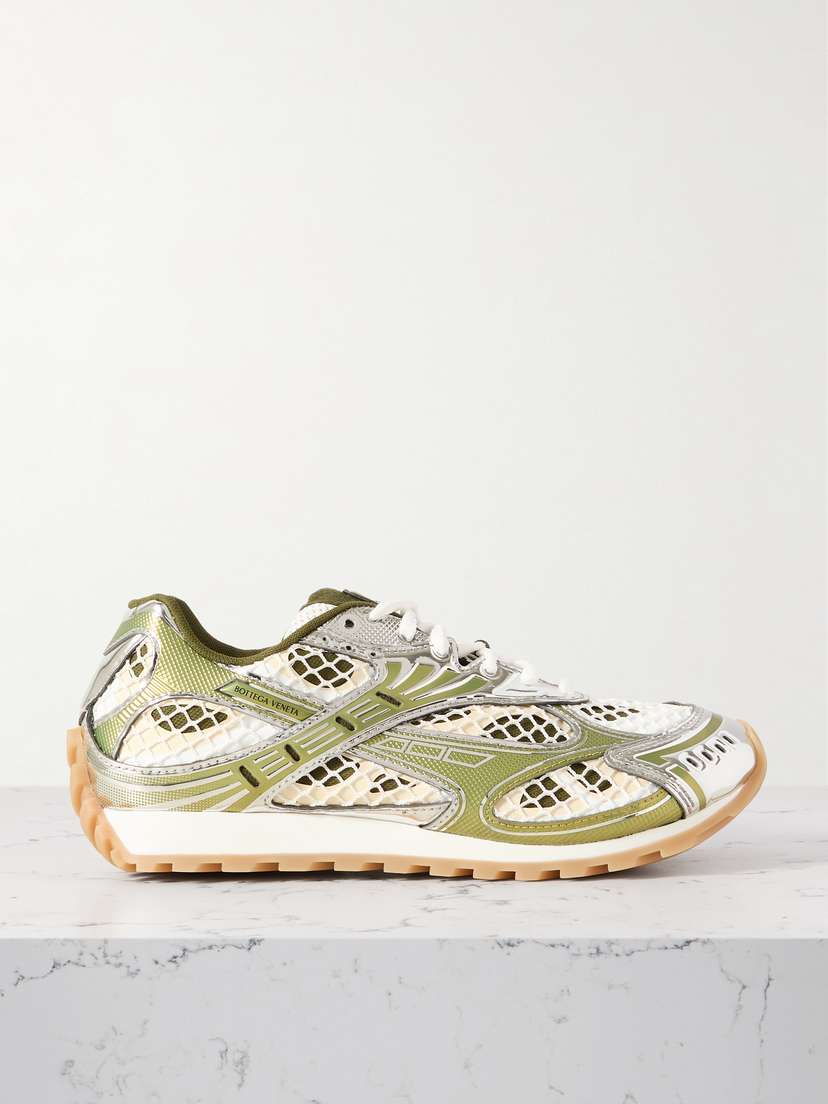 Bottega Veneta Orbit Metallic Rubber, Mesh And Fishnet Sneakers