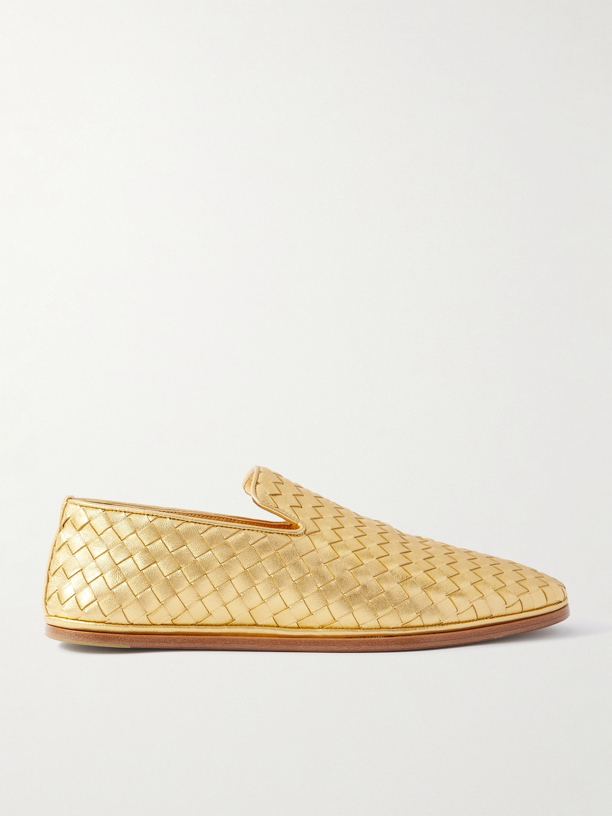 Bottega Veneta Sunday Intrecciato Metallic Leather Loafers In Gold