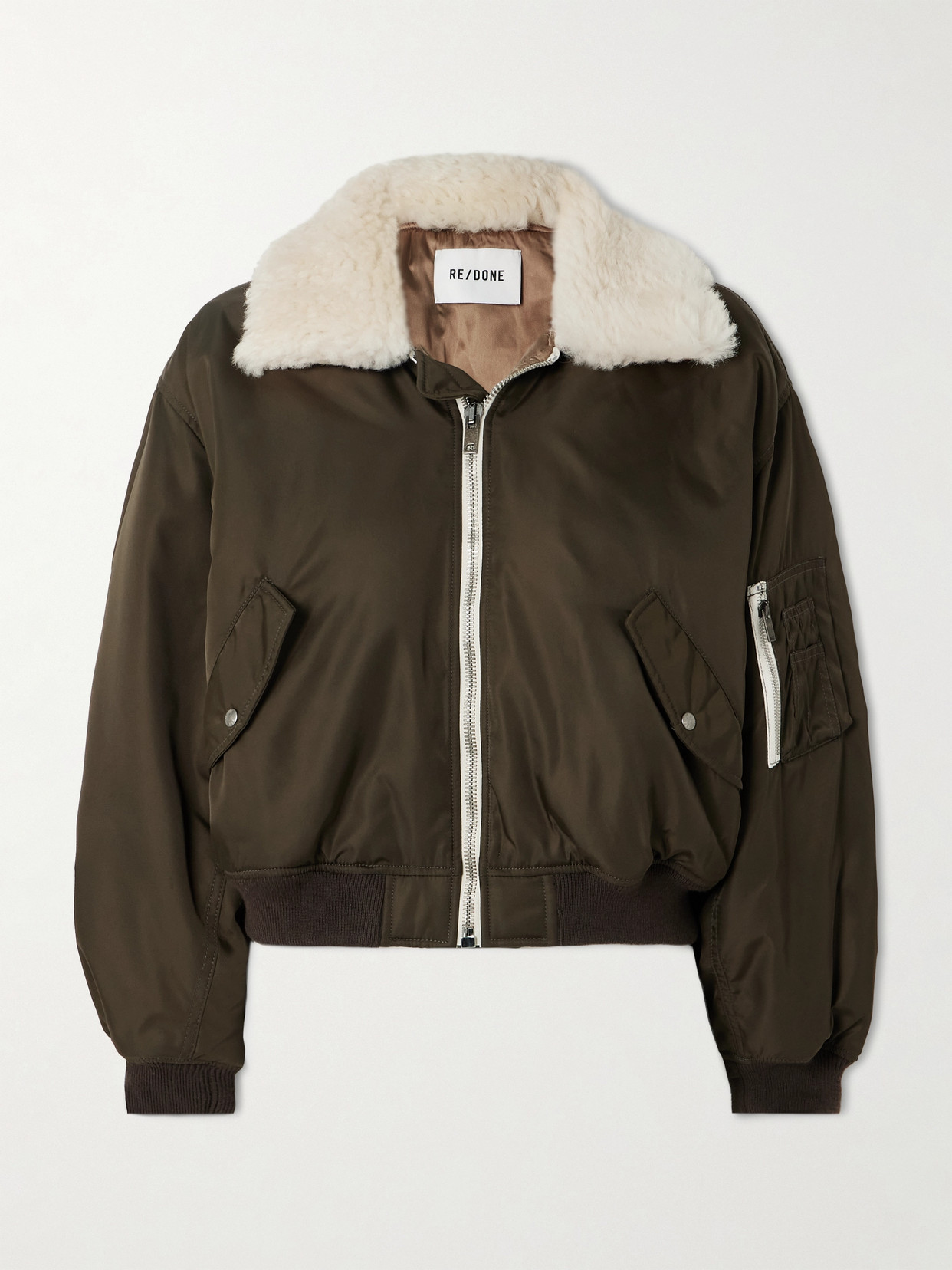 Re/done Cropped Padded Faux Fur-trimmed Shell Bomber Jacket In Green