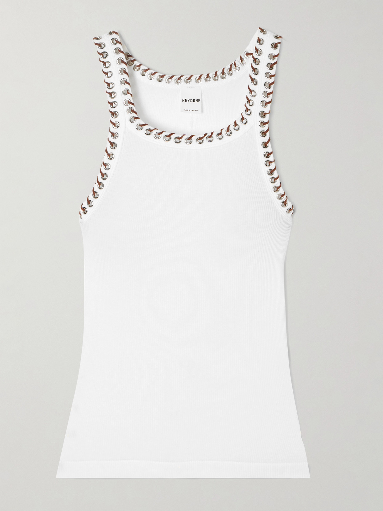 Re/done Whipstitched Eyelet-embellished Ribbed Cotton-jersey Tank In White