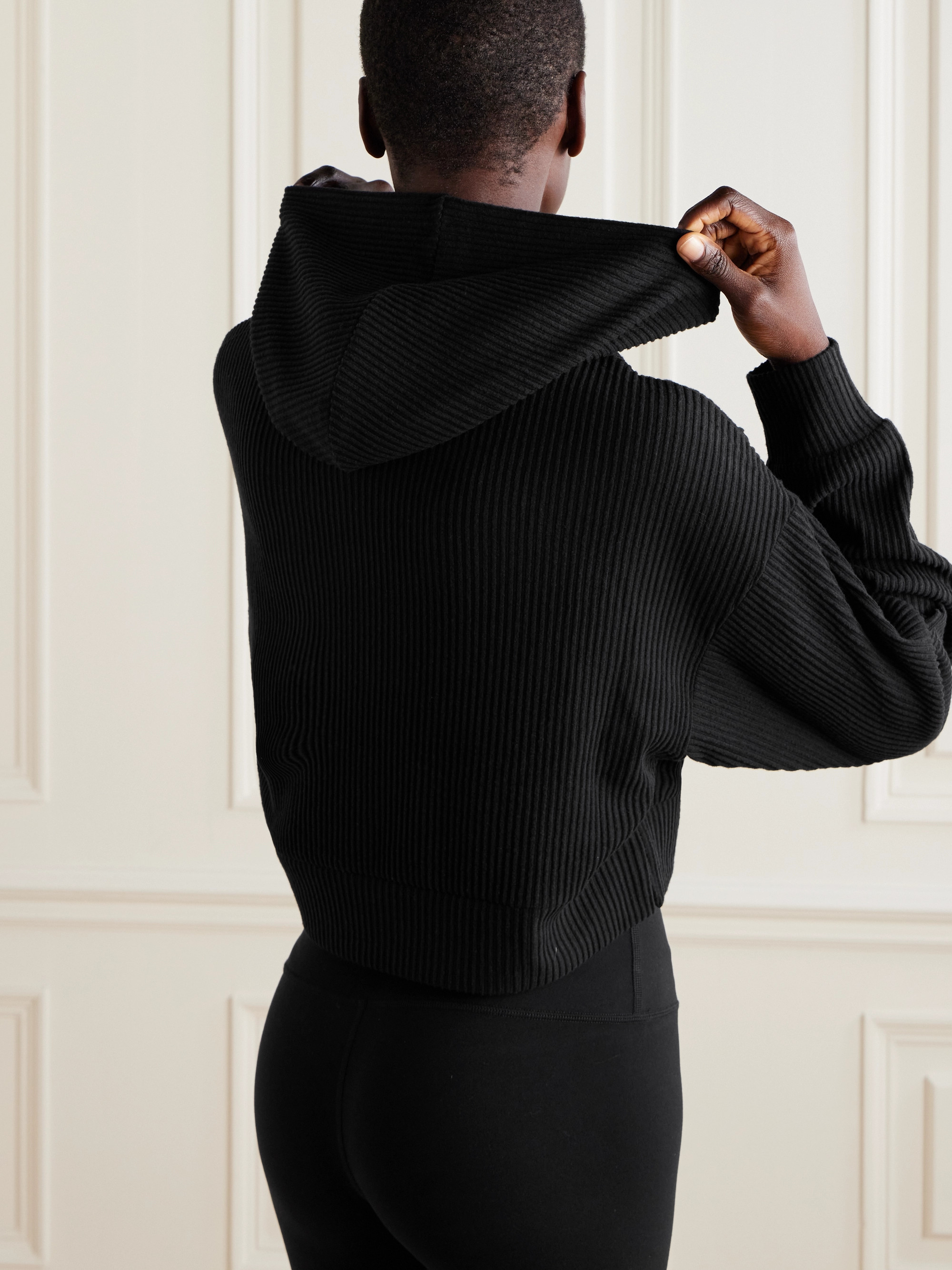 Alo Yoga Muse cropped ribbed brushed-jersey hoodie thumbnail