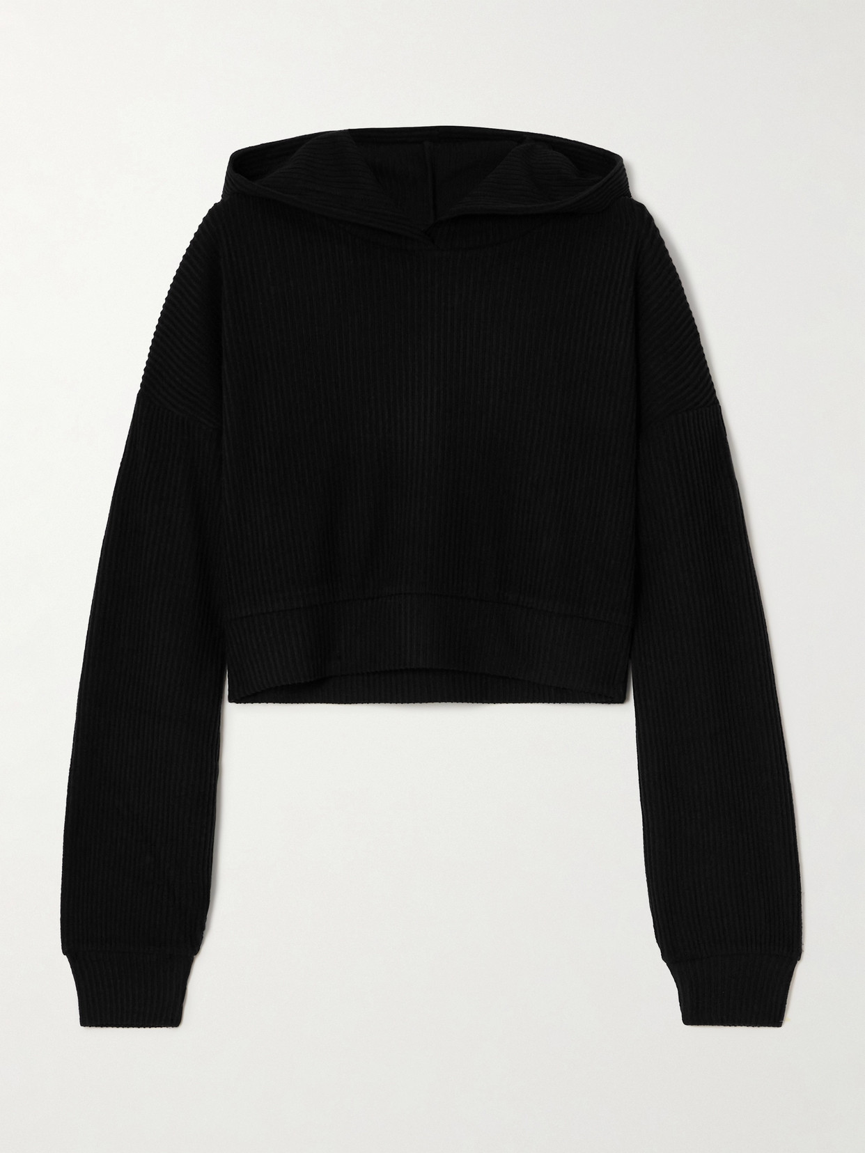 Alo Yoga Muse Cropped Ribbed Brushed-jersey Hoodie In Black