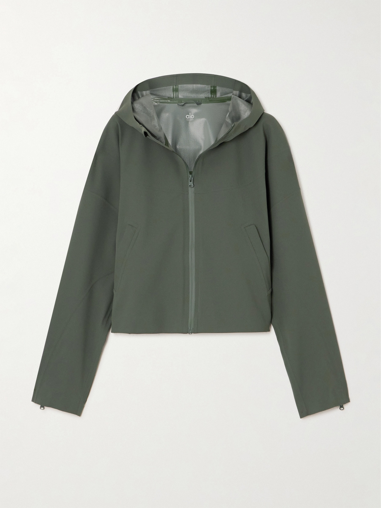 Alo Yoga Rain Or Shine Stretch Recycled-ripstop Hooded Jacket In Green