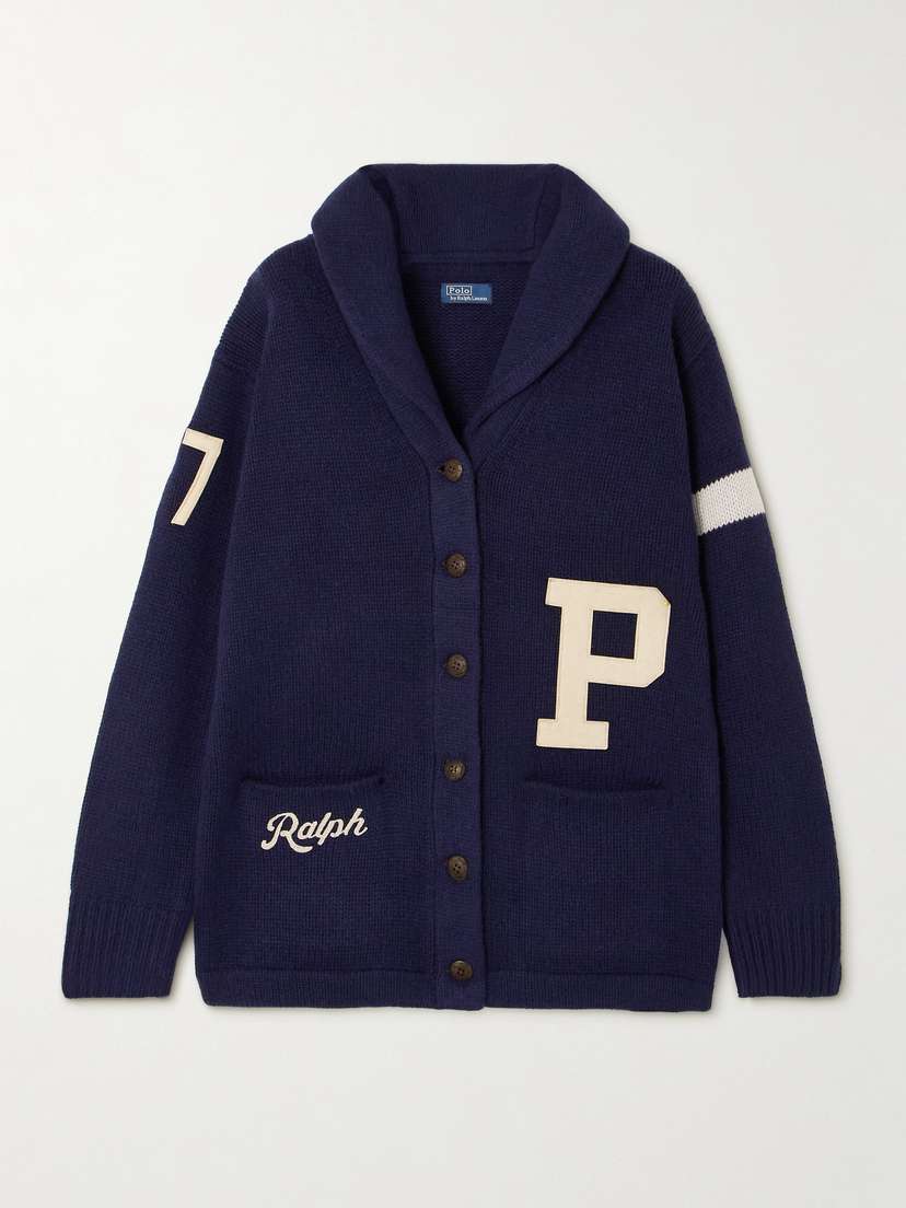 Polo Ralph Lauren Striped Appliquéd Embroidered Intarsia-knit Wool Cardigan - x large