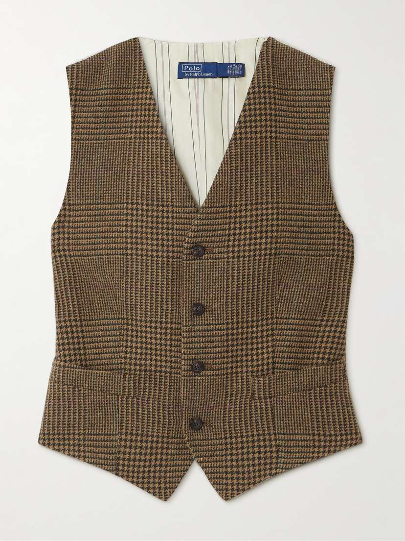 Polo Ralph Lauren Pauline Prince Of Wales Checked Recycled Wool-blend And Striped Satin Vest
