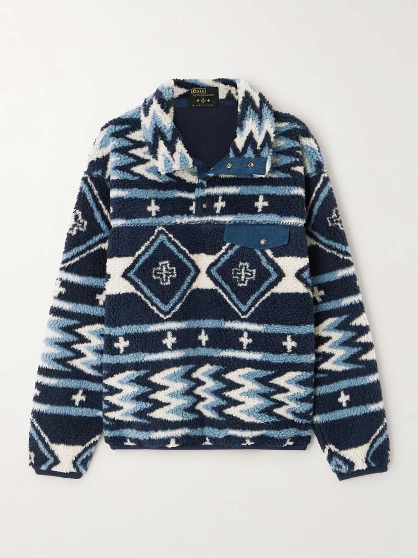 Polo Ralph Lauren + Naiomi Glasses Denim-trimmed Printed Fleece Turtleneck Sweatshirt - x large