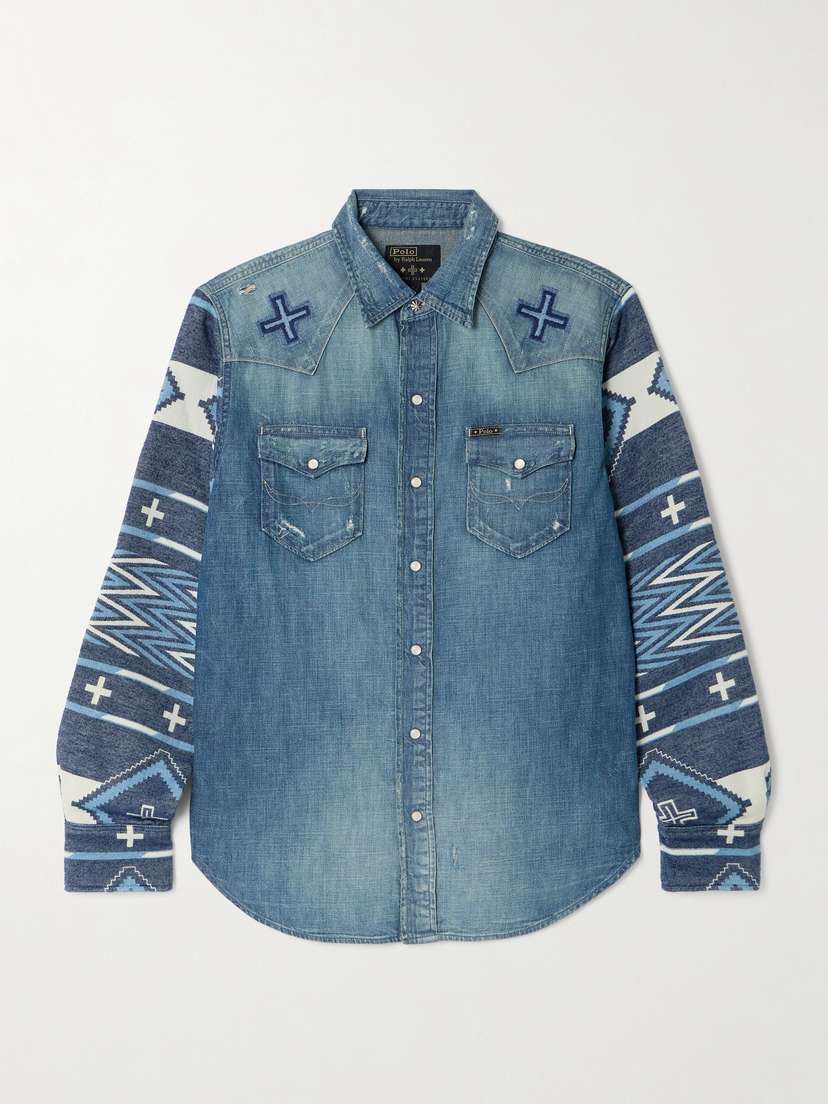 Polo Ralph Lauren + Naiomi Glasses Embroidered Distressed Denim And Jacquard-woven Cotton Shirt - x large