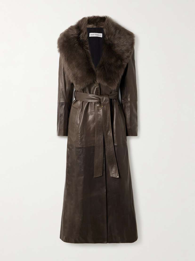 Nour Hammour Dakota Faux Fur-trimmed Belted Leather Coat