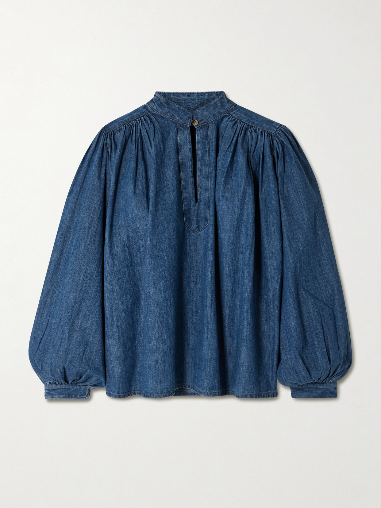 Suzie Kondi Kaprico Gathered Denim Blouse In Blue