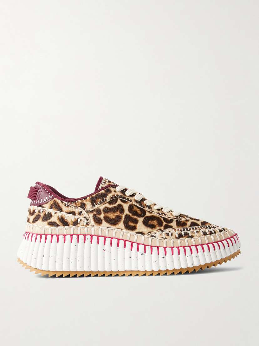 Chloé Nama Embroidered Grosgrain And Leather-trimmed Leopard-print Calf Hair Sneakers