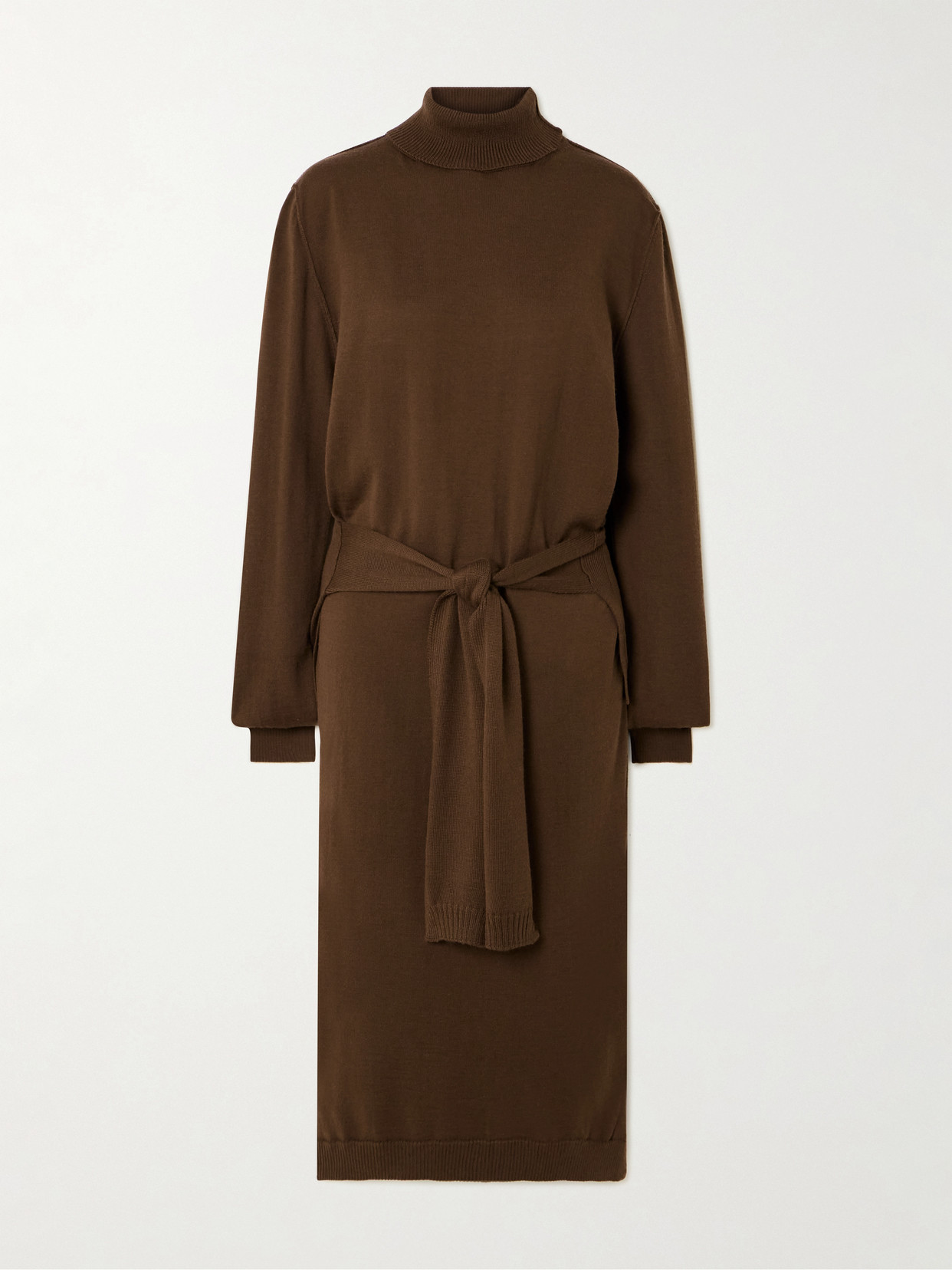 Lemaire Belted Wool-blend Turtleneck Midi Dress In Brown